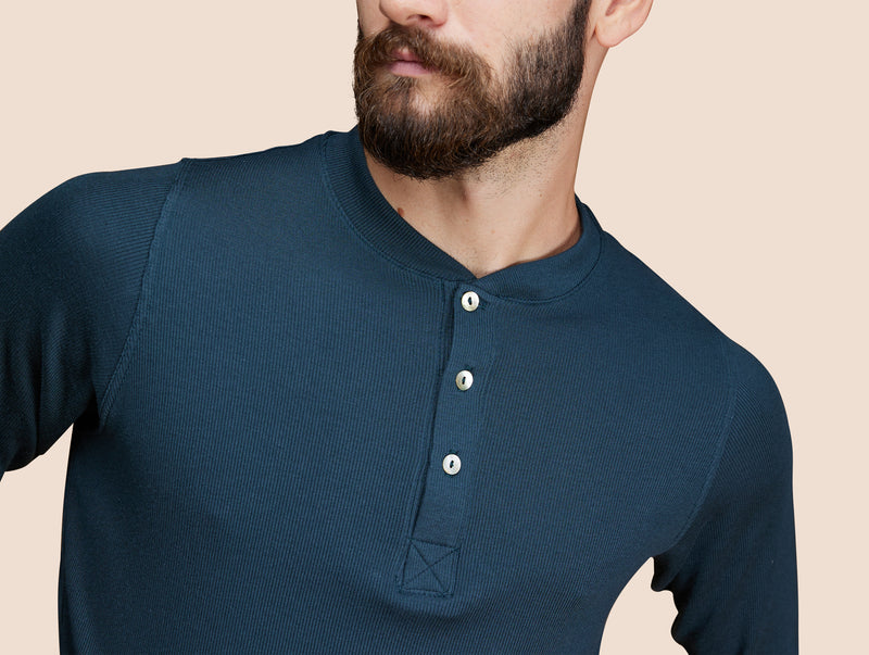 Pétrone Henley manches longues laine mérinos Tencel bleu pétrole homme