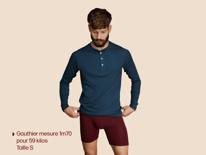 Pétrone Henley manches longues laine mérinos Tencel bleu pétrole homme
