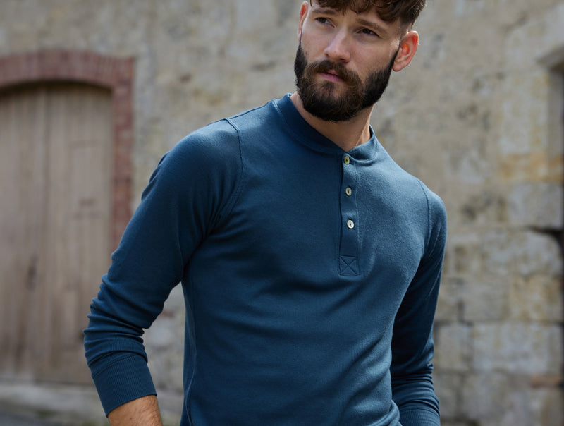Pétrone Henley manches longues laine mérinos Tencel bleu pétrole homme