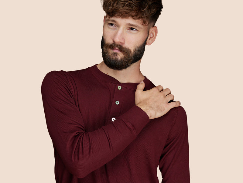 Pétrone Henley manches longues laine mérinos Tencel bordeaux foncé homme