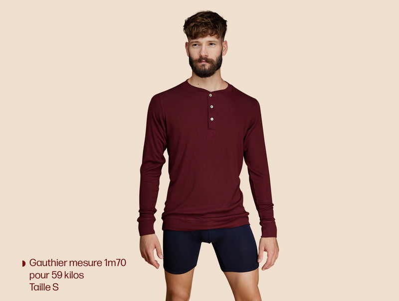 Pétrone Henley manches longues laine mérinos Tencel bordeaux foncé homme