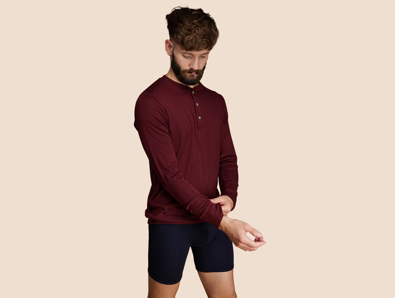 Pétrone Henley manches longues laine mérinos Tencel bordeaux foncé homme