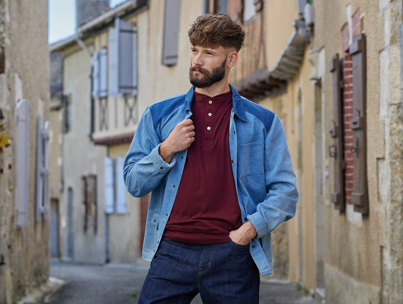 Pétrone Henley manches longues laine mérinos Tencel bordeaux foncé homme