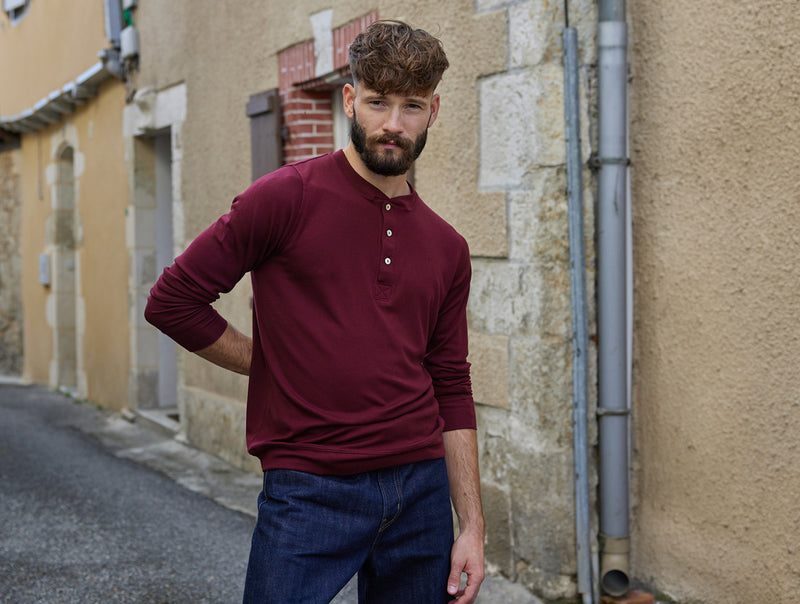 Pétrone Henley manches longues laine mérinos Tencel bordeaux foncé homme