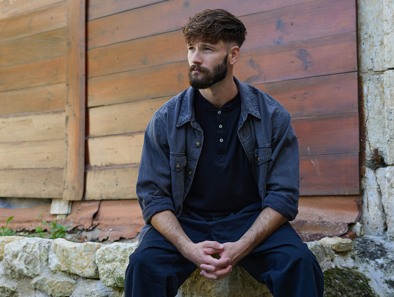 Pétrone Henley manches longues laine mérinos Tencel noir homme