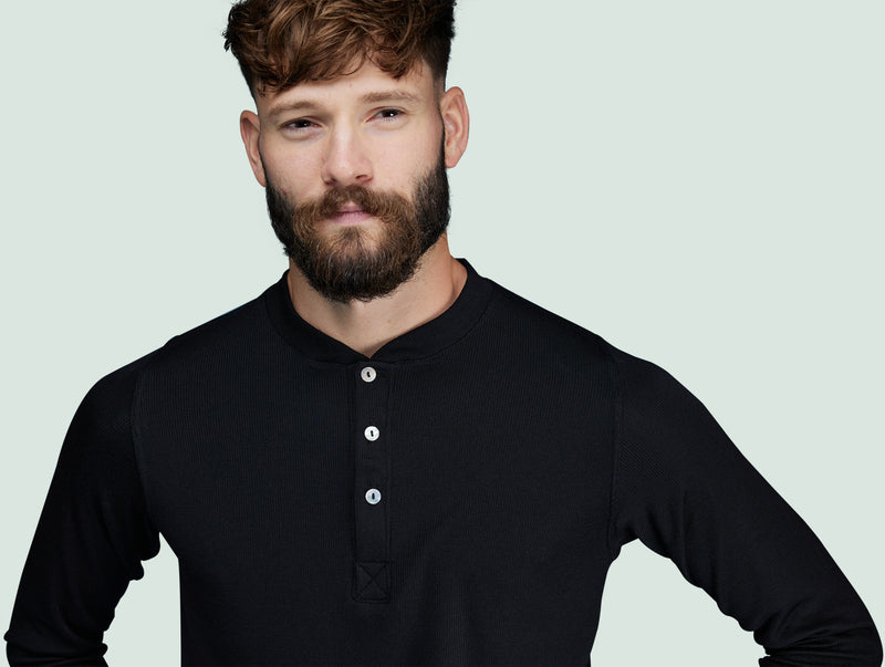 Pétrone Henley manches longues laine mérinos Tencel noir homme