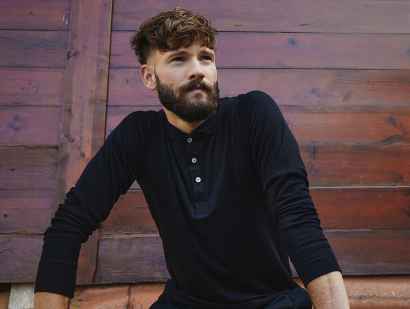 Pétrone Henley manches longues laine mérinos Tencel noir homme