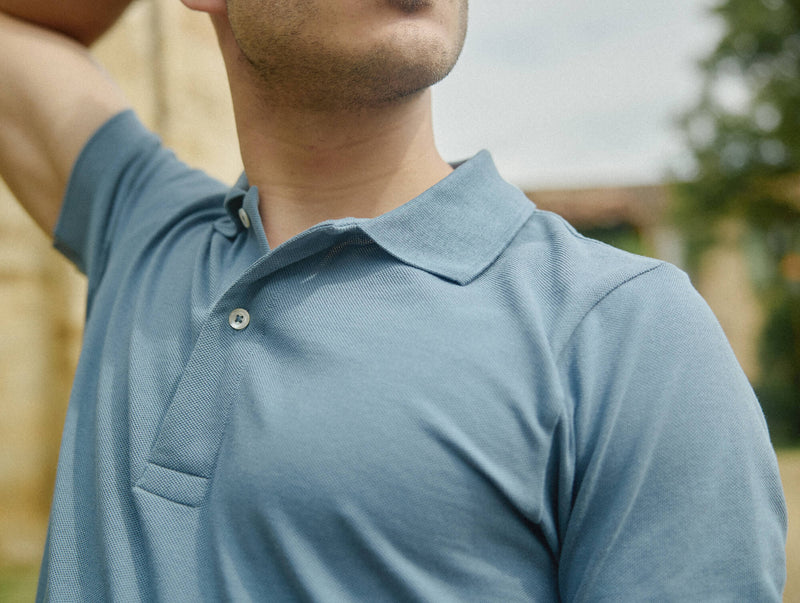 Pétrone Polo manches courtes Tencel coton bio bleu gris homme