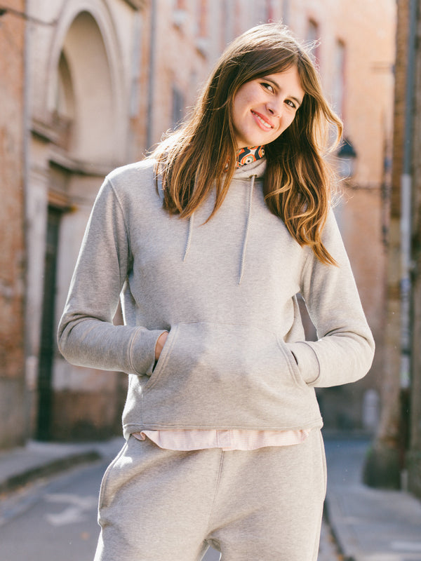 Pétrone sweat capuche hoodie homme Tencel coton bio gris chiné clair femme