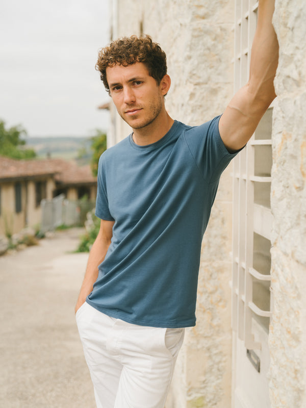 Pétrone T-shirt manches courtes coton bio tencel lyocell bleu céruléen homme