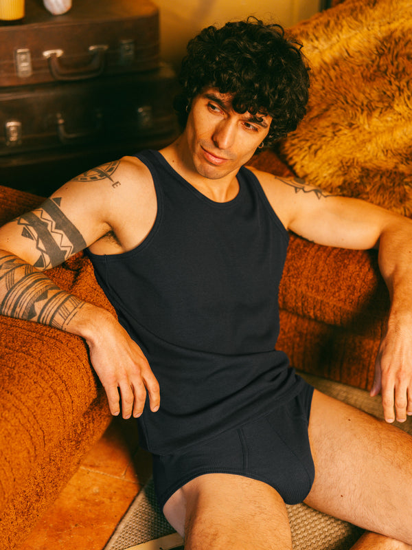 Pétrone marcel côtelé homme confortable coton biologique tencel lyocell bleu marine