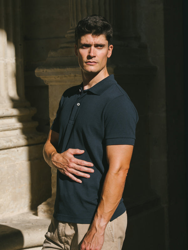 Pétrone Polo manches courtes Tencel coton bio bleu marine homme