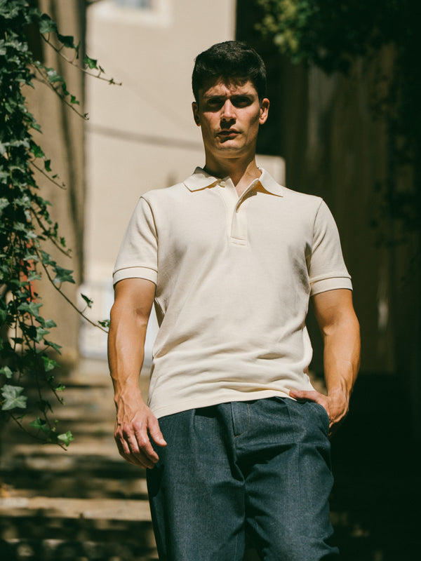 Pétrone Polo manches courtes Tencel coton bio écru homme