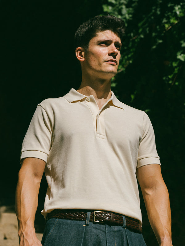 Pétrone Polo manches courtes Tencel coton bio écru homme
