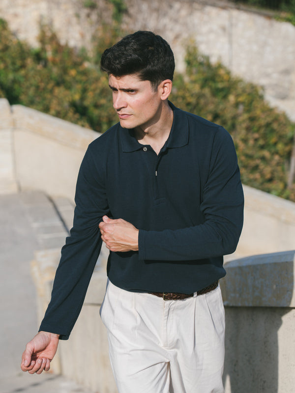 Pétrone Polo manches longues Tencel coton bio bleu marine homme