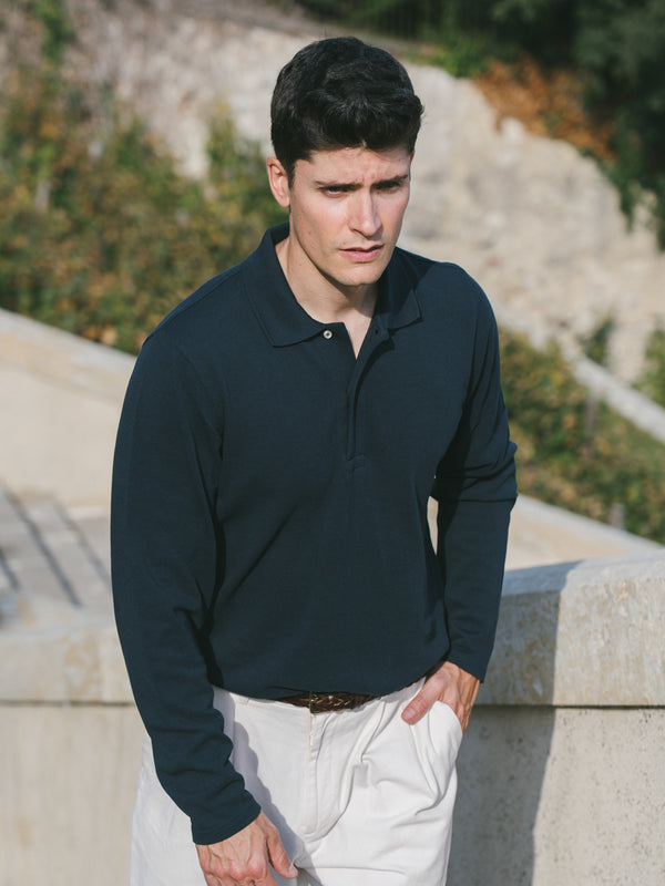 Pétrone Polo manches longues Tencel coton bio bleu marine homme