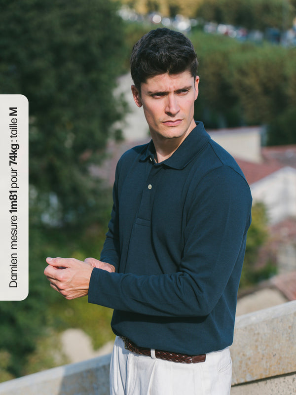 Pétrone Polo manches longues Tencel coton bio bleu marine homme