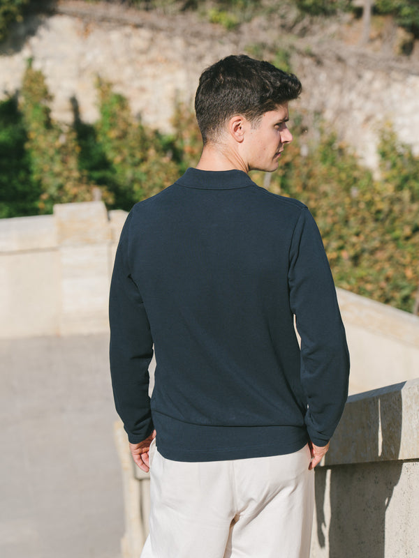 Pétrone Polo manches longues Tencel coton bio bleu marine homme