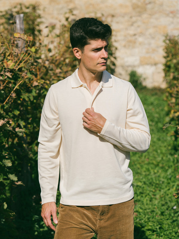 Pétrone Polo manches longues Tencel coton bio écru homme