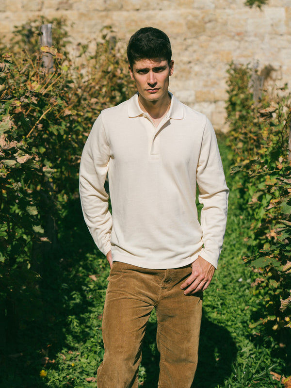 Pétrone Polo manches longues Tencel coton bio écru homme
