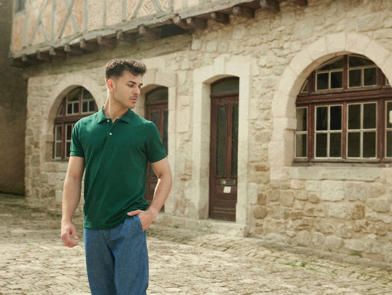 Pétrone Polo manches courtes Tencel coton bio vert émeraude homme