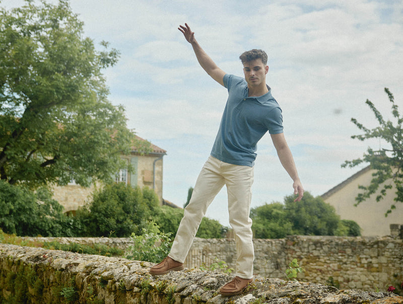 Pétrone Polo manches courtes Tencel coton bio bleu gris homme