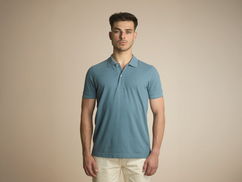 Pétrone Polo manches courtes Tencel coton bio bleu gris homme