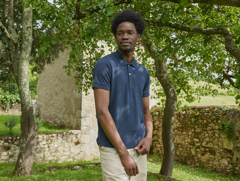 Pétrone Polo manches courtes Tencel coton bio bleu marine homme