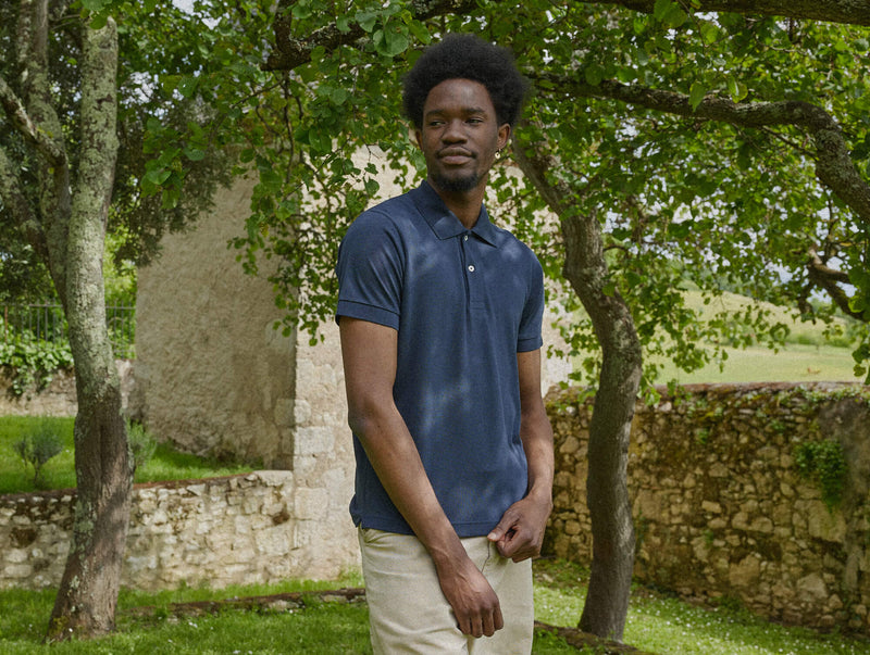 Pétrone Polo manches courtes Tencel coton bio bleu marine homme