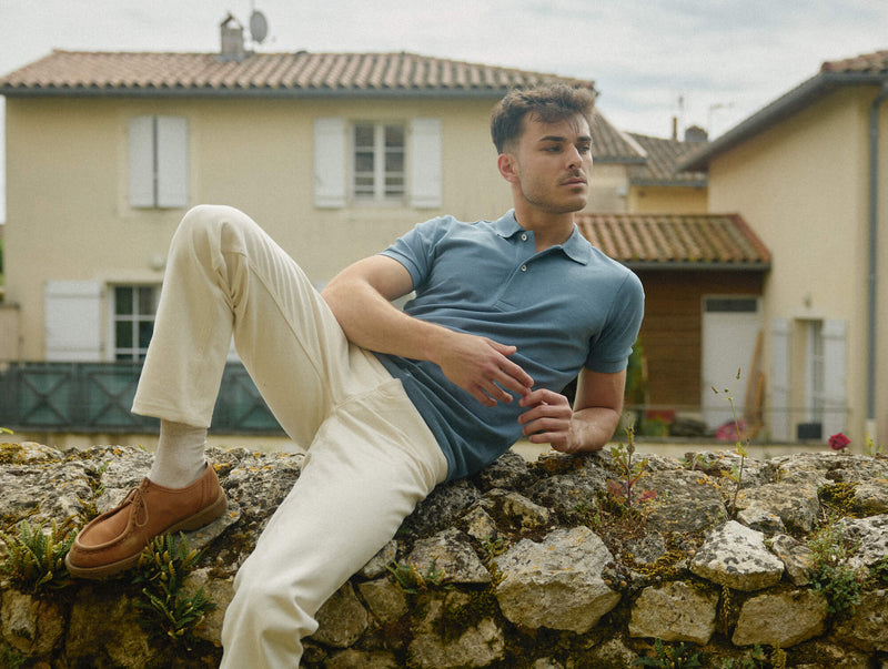 Pétrone Polo manches courtes Tencel coton bio bleu gris homme
