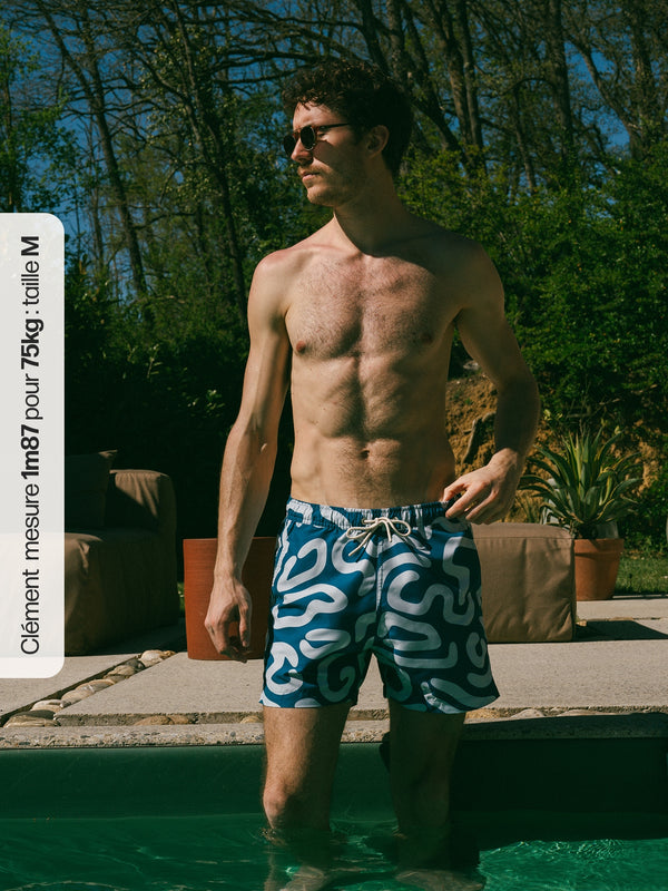 Pétrone short bain polyester recyclé graphique bleu acier homme