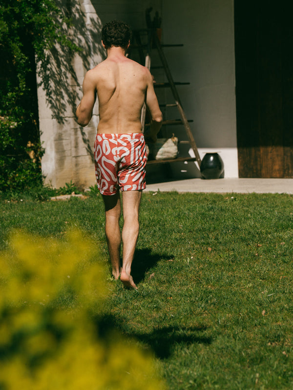 Pétrone short bain polyester recyclé graphique rouille homme