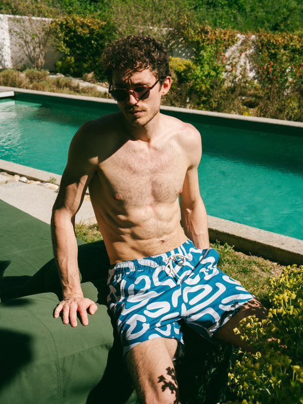 Pétrone short bain polyester recyclé graphique bleu acier homme