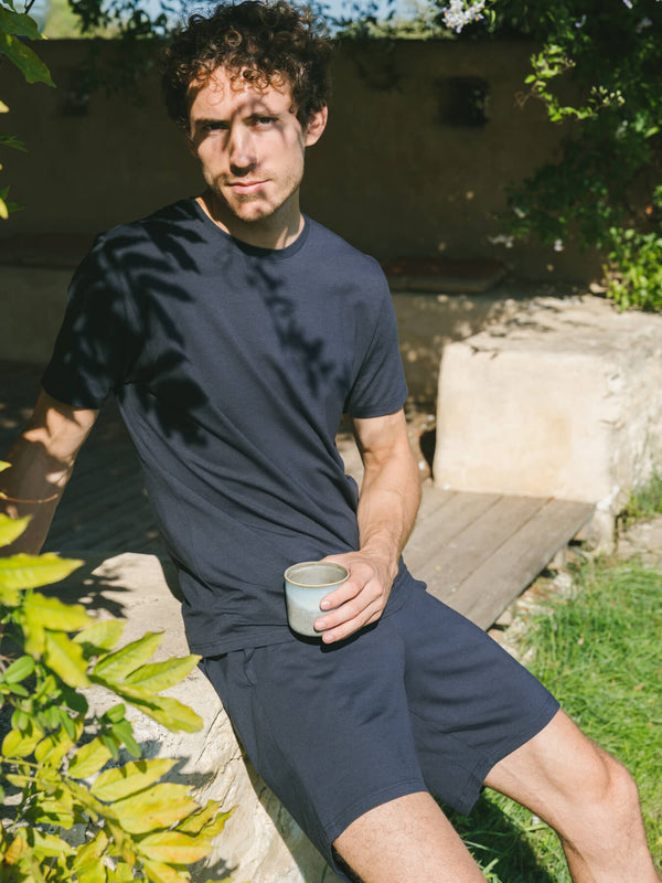 Pétrone short de pyjama coton biologique tencel lyocell bleu marine homme