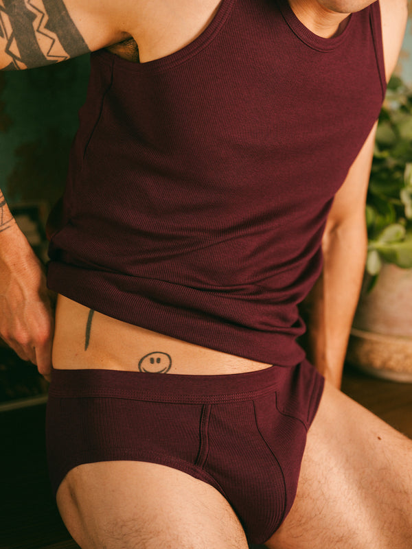 Pétrone slip côtelé homme confortable coton biologique tencel lyocell bordeaux foncé