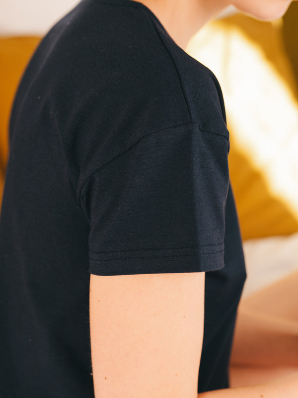 Pétrone t-shirt boxy coton bio tencel lyocell bleu marine femme