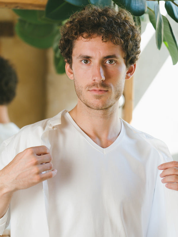 Pétrone T-shirt col V coton bio tencel lyocell blanc homme