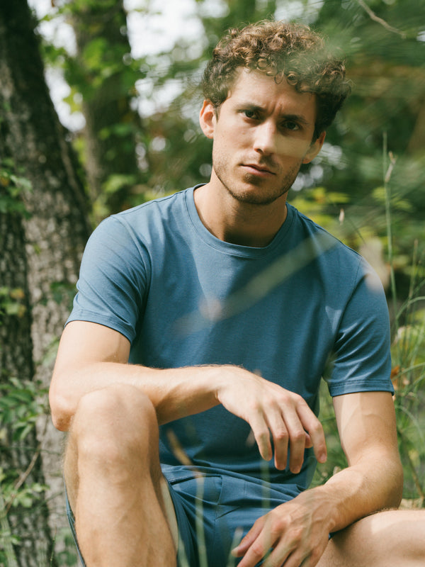 Pétrone T-shirt manches courtes coton bio tencel lyocell bleu céruléen homme