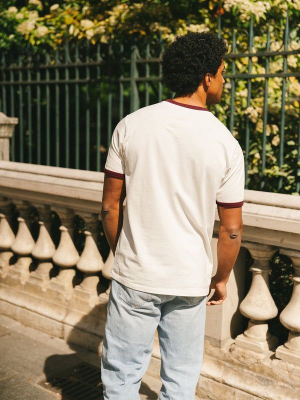 Pétrone T-shirt homme varsity contrasté blanc crème bordeaux coton biologique Tencel Lyocell