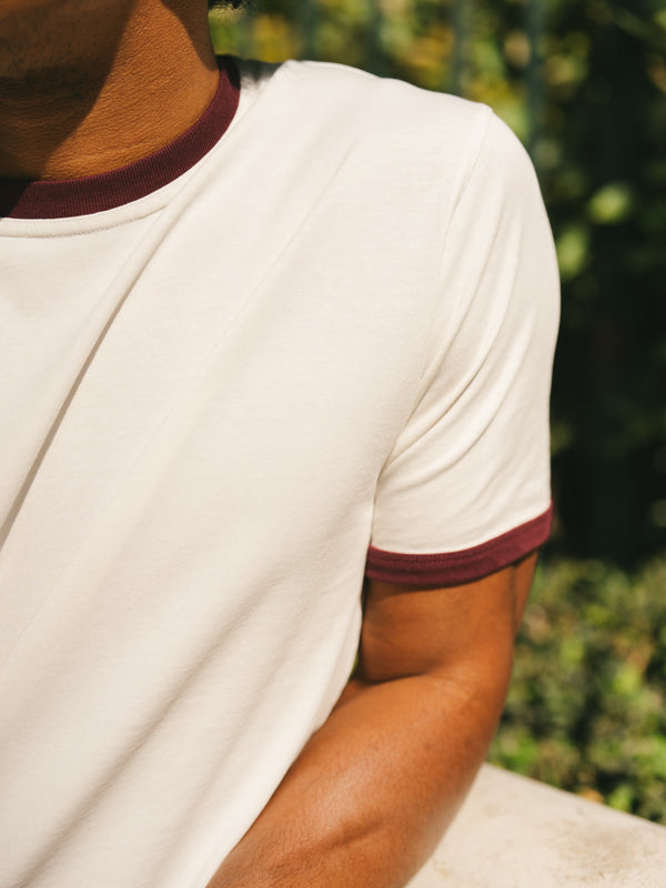 Pétrone T-shirt homme varsity contrasté blanc crème bordeaux coton biologique Tencel Lyocell