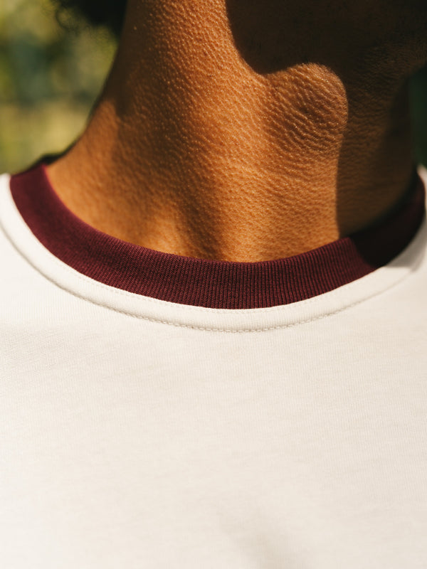 Pétrone T-shirt homme varsity contrasté blanc crème bordeaux coton biologique Tencel Lyocell