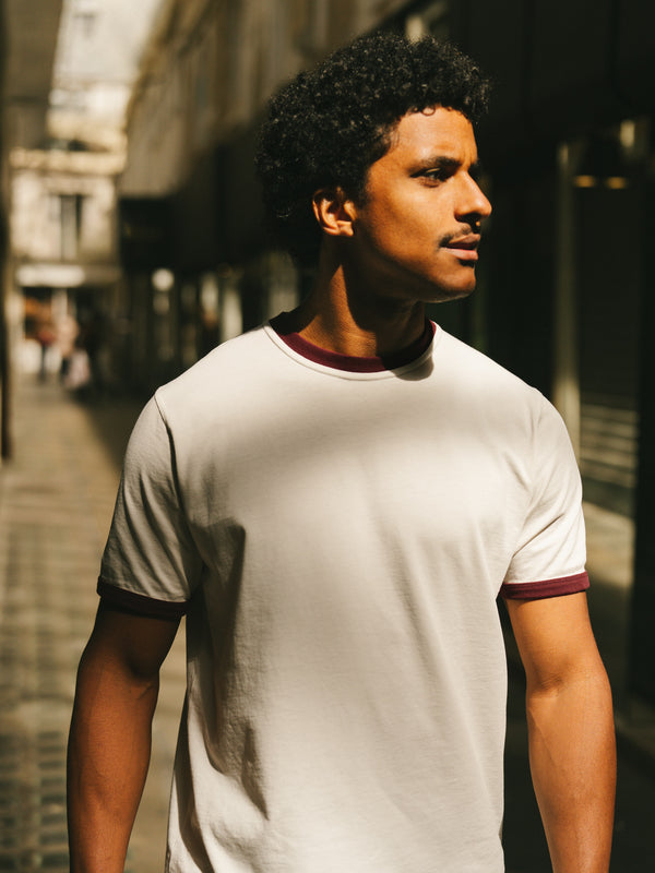 Pétrone T-shirt homme varsity contrasté blanc crème bordeaux coton biologique Tencel Lyocell