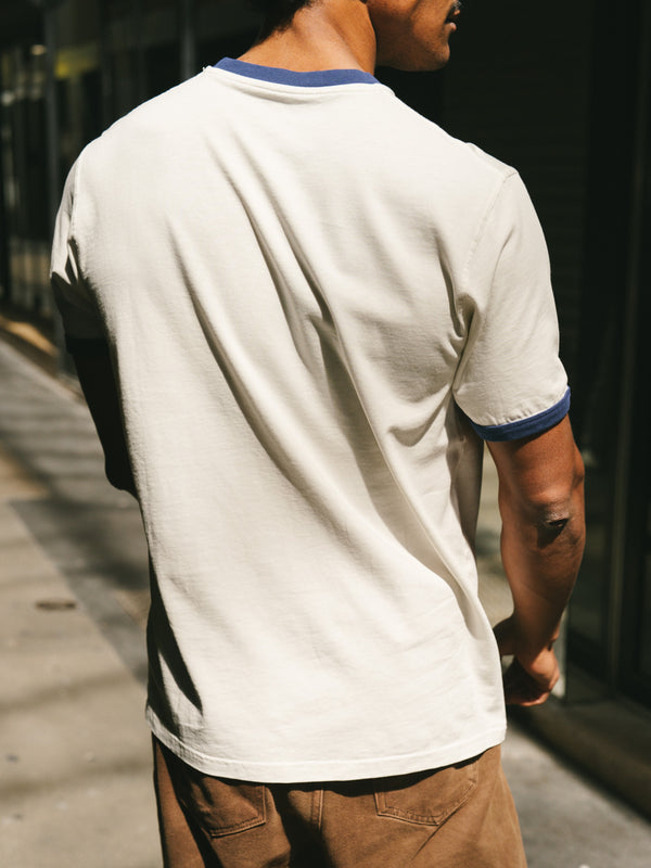 Pétrone T-shirt homme varsity contrasté blanc crème bleu marine coton biologique Tencel Lyocell