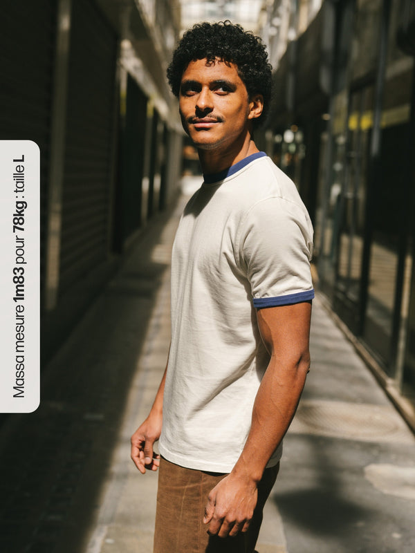 Pétrone T-shirt homme varsity contrasté blanc crème bleu marine coton biologique Tencel Lyocell