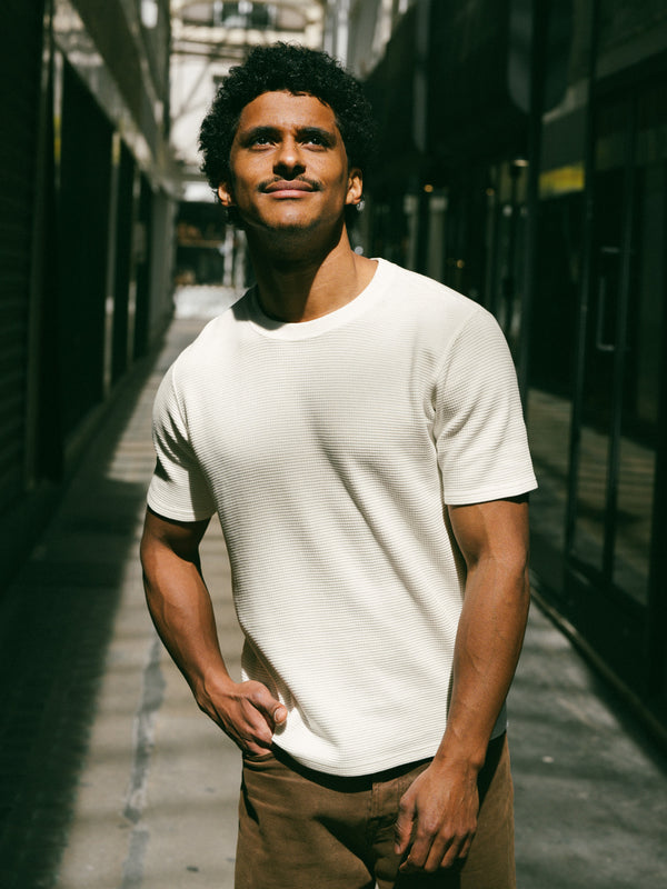 Pétrone T-shirt manches courtes gaufré thermal coton bio tencel blanc crème homme