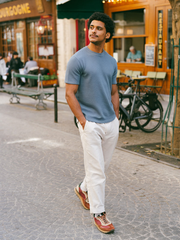 Pétrone T-shirt manches courtes gaufré thermal coton bio tencel bleu céruléen homme