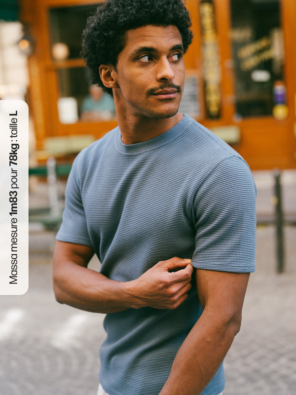 Pétrone T-shirt manches courtes gaufré thermal coton bio tencel bleu céruléen homme