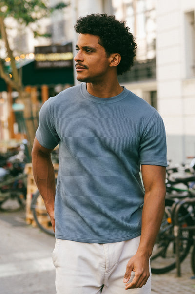 Pétrone T-shirt manches courtes gaufré coton bio tencel bleu céruléen homme