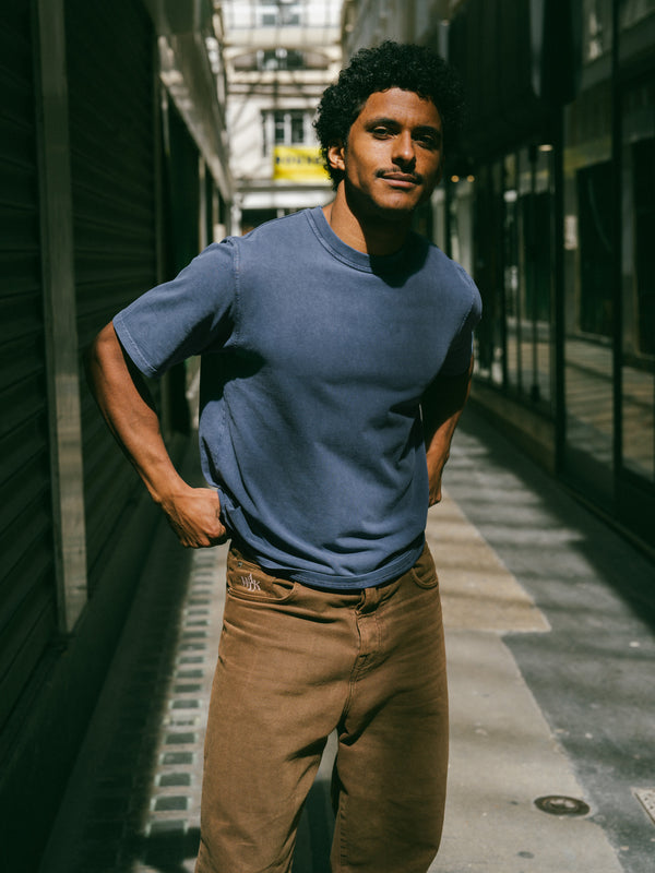 Pétrone T-shirt manches courtes coton bio tencel bleu pigment dye homme