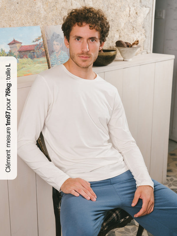 Pétrone T-shirt manches longues coton biologique tencel lyocell blanc crème homme